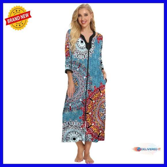 Soft Cotton Zip Up Robe Nightgown House Dress with Pockets